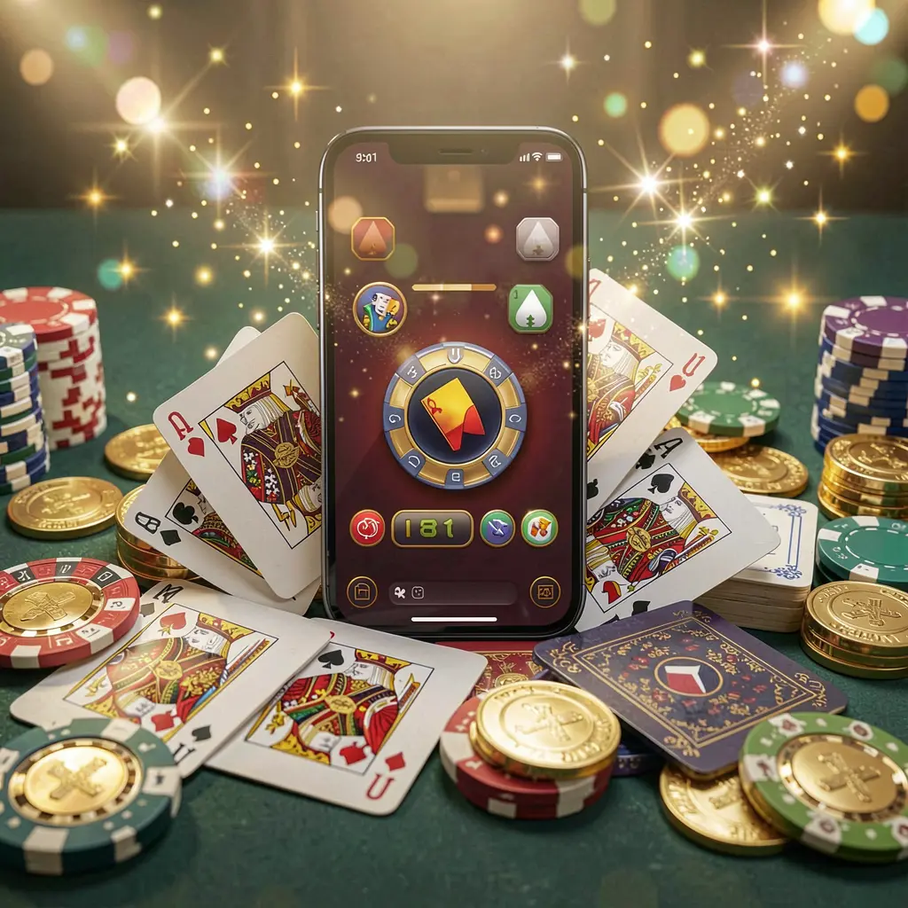 SR933 mobile gaming application concept showing a smartphone surrounded by playing cards, roulette chips, gold coins, and sparkling lights in a premium casino style