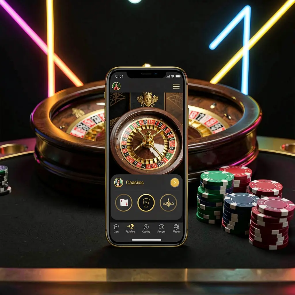 SR933 mobile casino application scene featuring a phone in the center with a roulette wheel and poker chips in the background, illuminated by glowing neon lights in a premium black and gold style