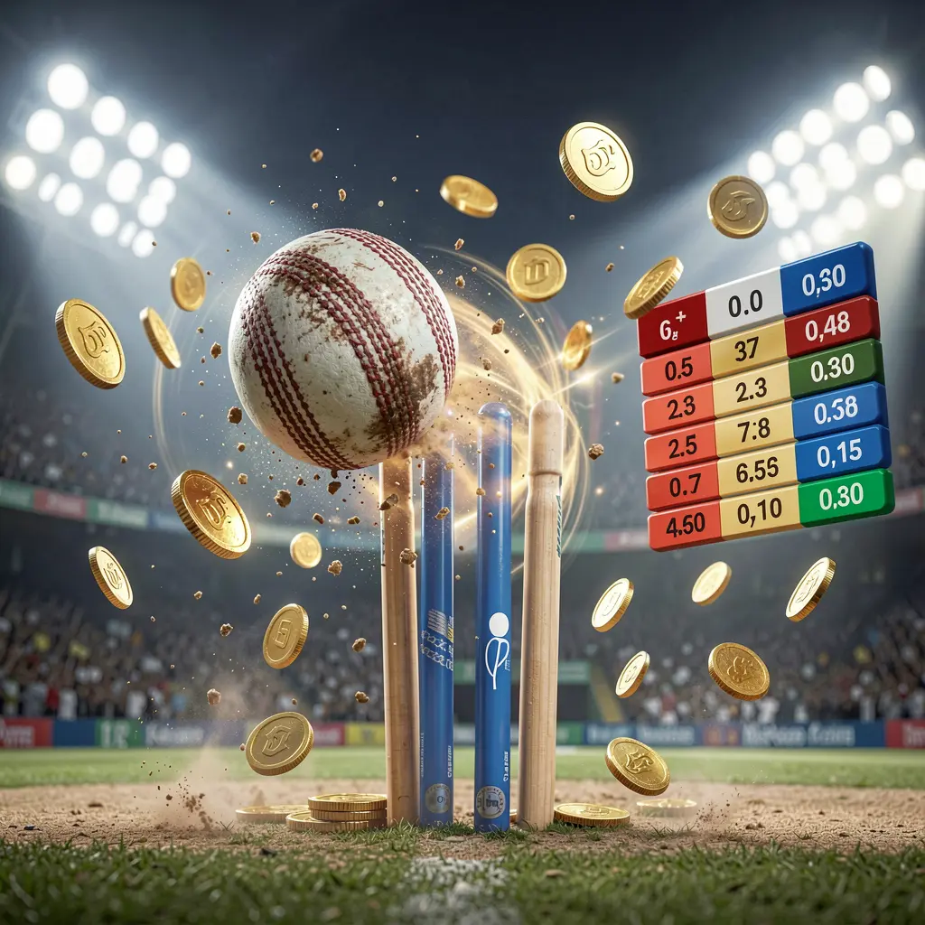SR933 cricket match betting banner showing a cricket ball hitting the wickets with dynamic motion under stadium lights, featuring a floating odds interface and coins in a premium sports atmosphere SR933 cricket match betting banner showing a cricket ball hitting the wickets with dynamic motion under stadium lights, featuring a floating odds interface and coins in a premium sports atmosphere