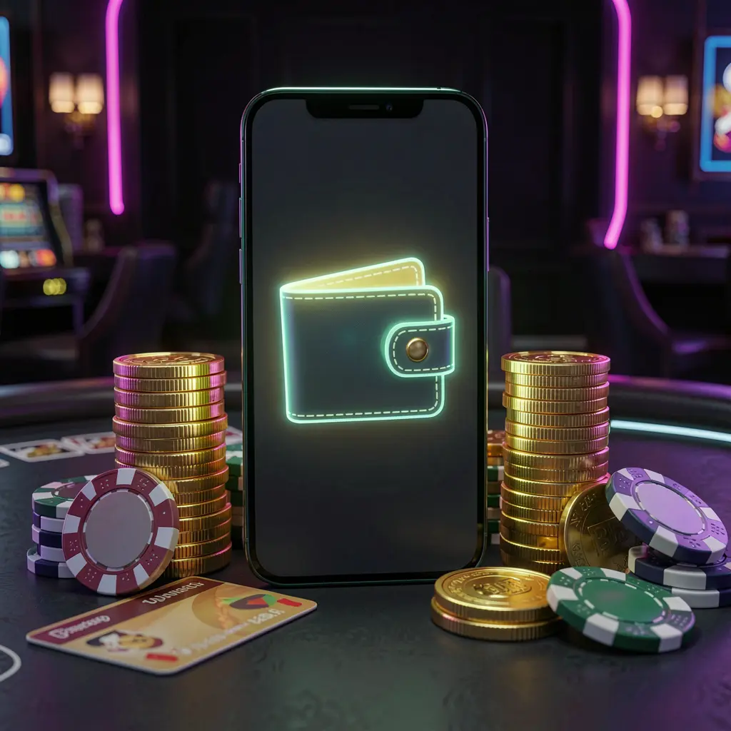 SR933 online casino deposit bonus concept featuring a smartphone screen with a glowing wallet icon surrounded by stacks of golden coins, poker chips, and bank cards against a dark luxury background with neon highlights in a realistic 3D style