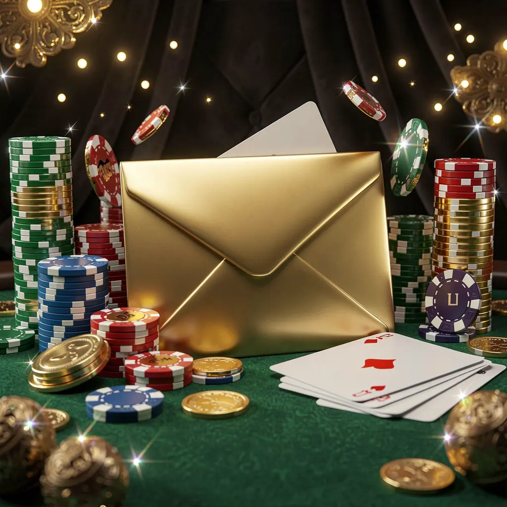 SR933 exclusive casino promotion featuring a golden envelope surrounded by chips, coins, and playing cards with sparkling lights on a luxury dark background