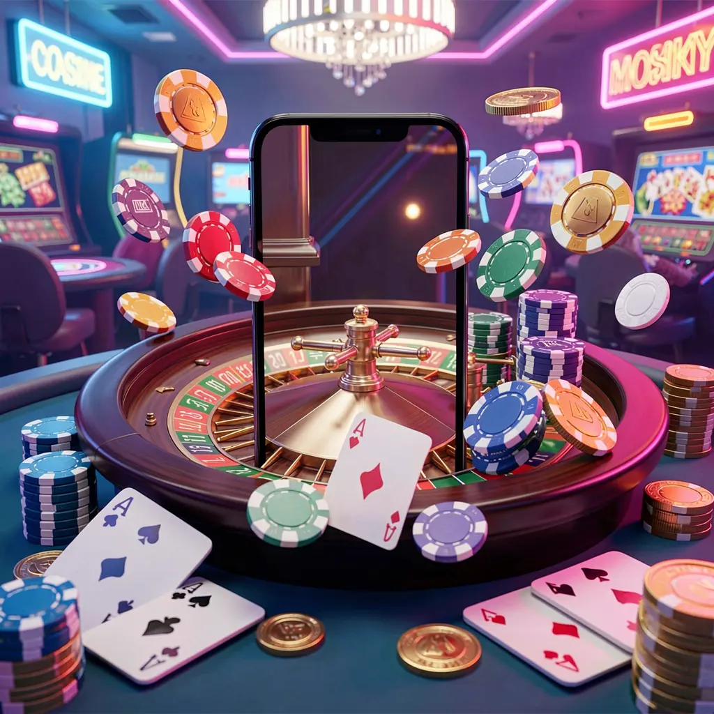 SR933 mobile casino experience showing a smartphone surrounded by a roulette wheel, poker chips, playing cards, and coins in a bright neon casino atmosphere SR933 mobile casino experience showing a smartphone surrounded by a roulette wheel, poker chips, playing cards, and coins in a bright neon casino atmosphere
