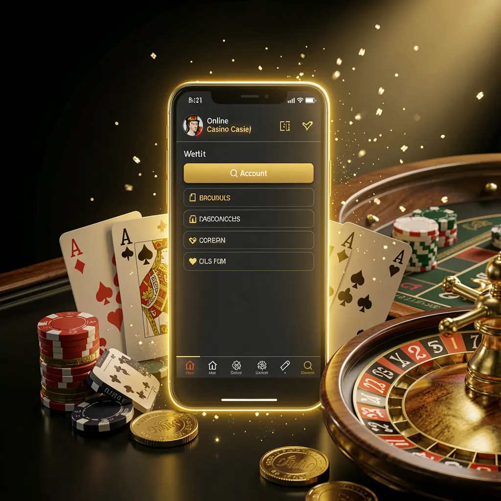 SR933 online casino account portal displayed on a glowing smartphone with premium cards, chips, roulette wheel, and coins against a black and gold background with cinematic lighting in a realistic 3D render