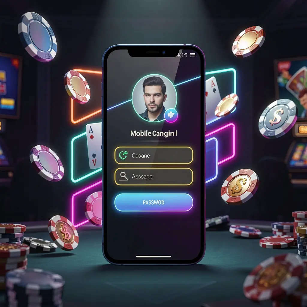 SR933 mobile casino login screen on phone with user profile and password fields as abstract UI shapes, neon glow, flying chips and coins in a dark premium casino atmosphere