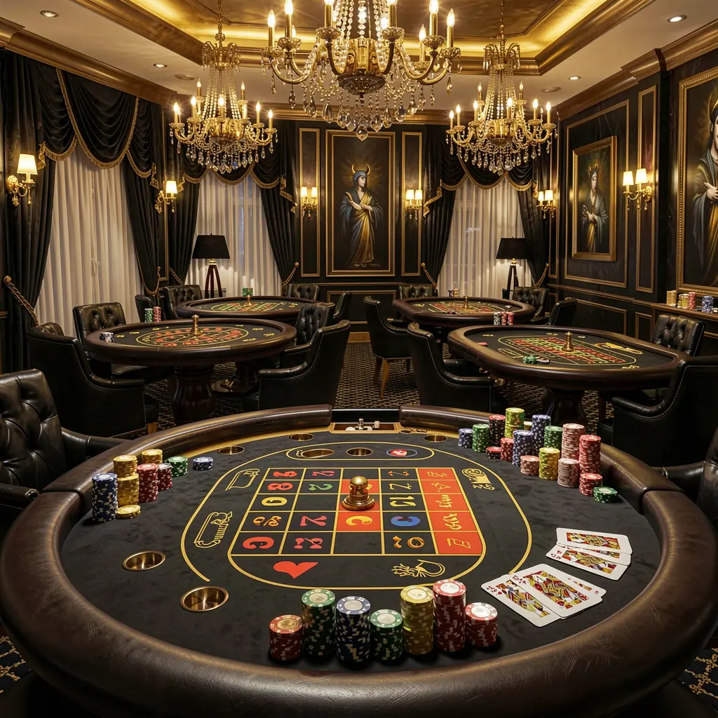 SR933 luxury online casino lobby scene with glowing roulette tables, golden lights, poker chips and cards in a premium black and gold design SR933 luxury online casino lobby scene with glowing roulette tables, golden lights, poker chips and cards in a premium black and gold design